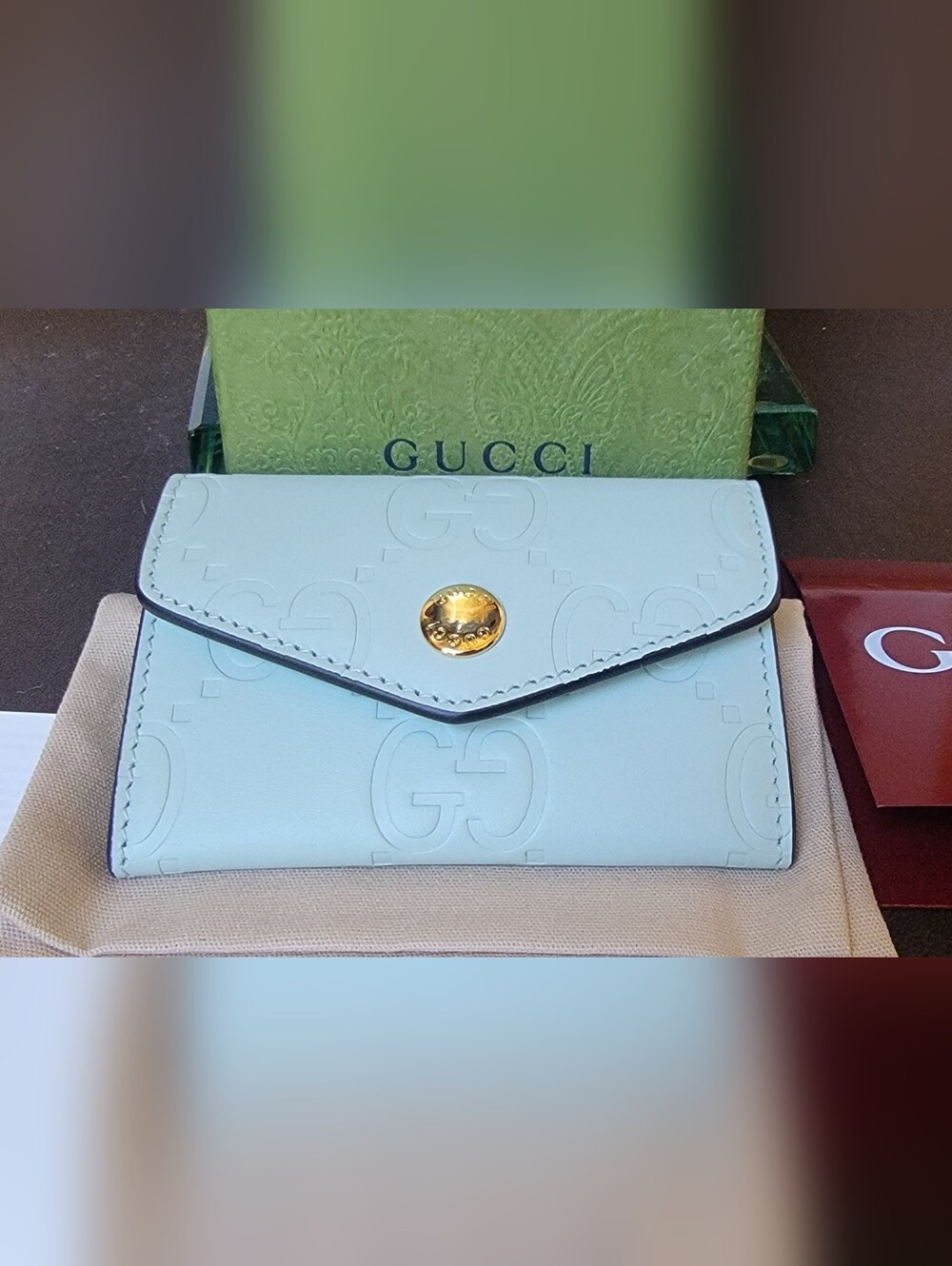 New Gucci Jumbo Monogram GG Small Wallet Card Case Light Mint Green Leather